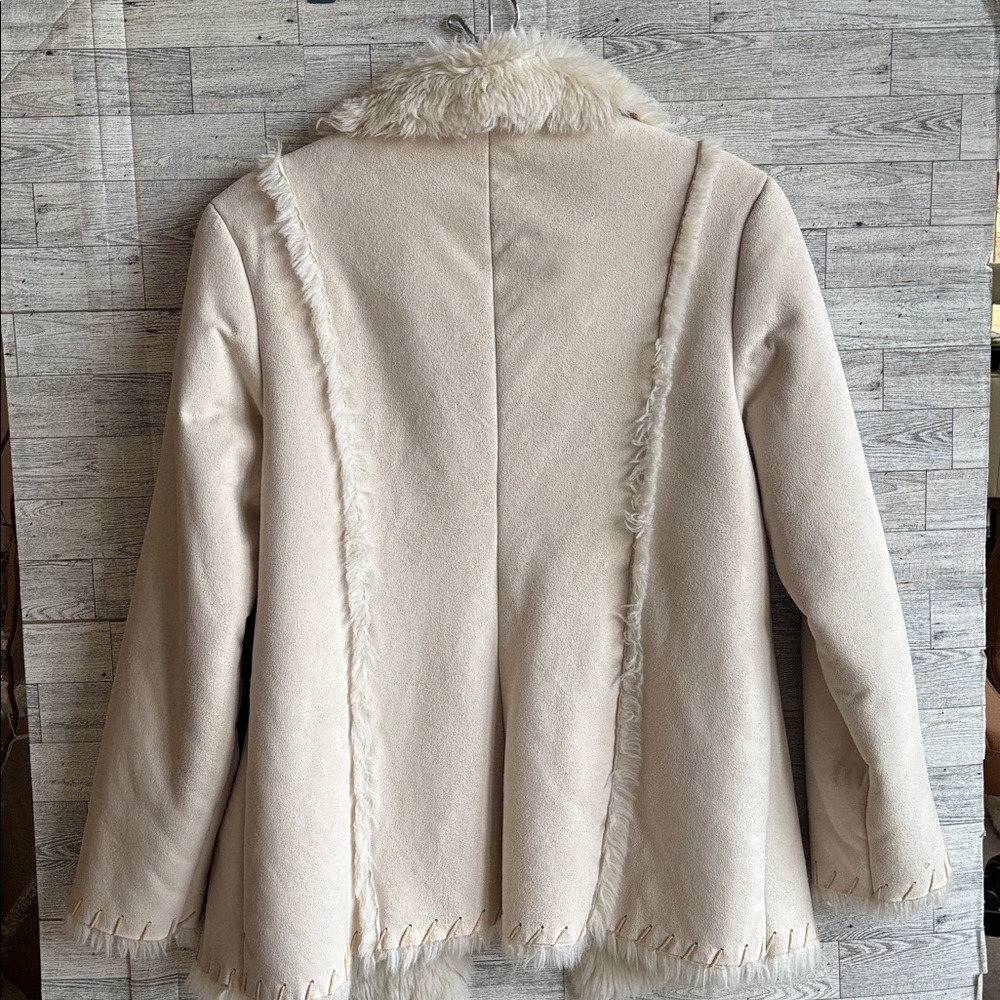 Cream Fur Coat Faux leather shearling jacket Women's Large Y2k Vintage - Picture 3 of 9